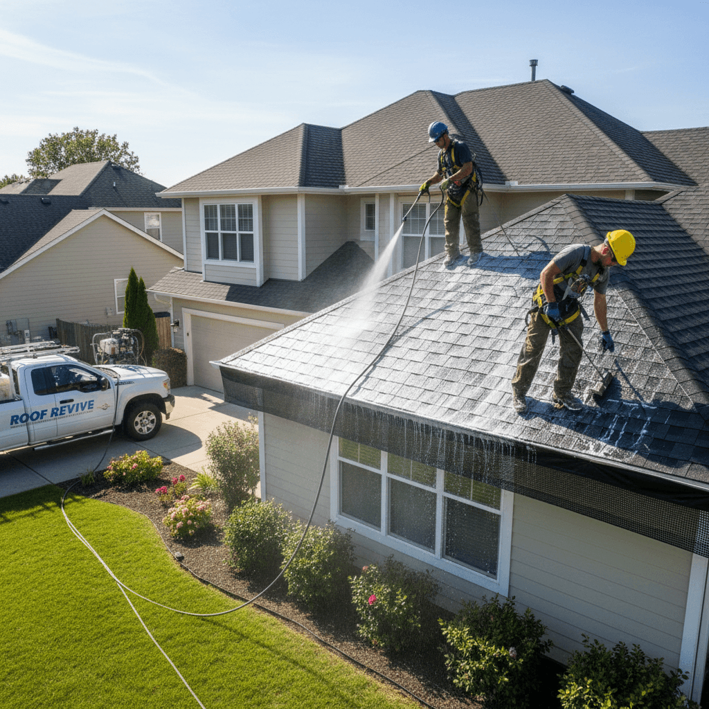 Roof washing on a residential home