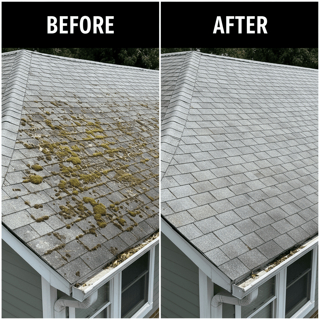 Roof moss removal before and after