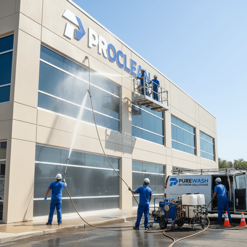 Commercial property exterior cleaning with soft wash system