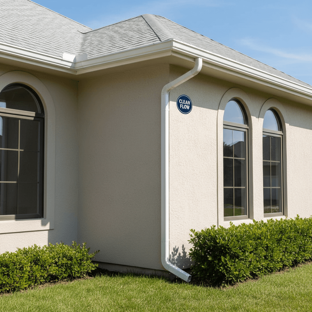 Clean gutters and downspout on a residential house after service