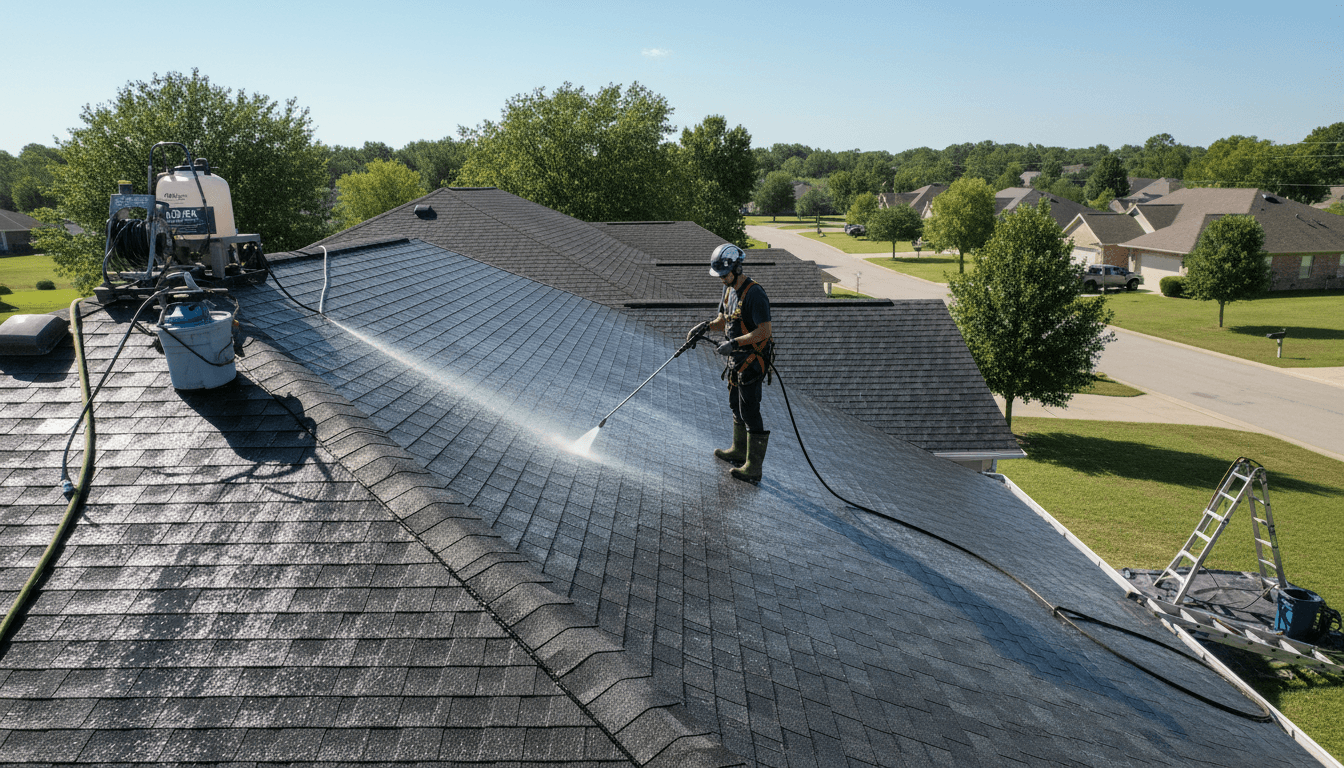 worker pressure washing roof of residential house