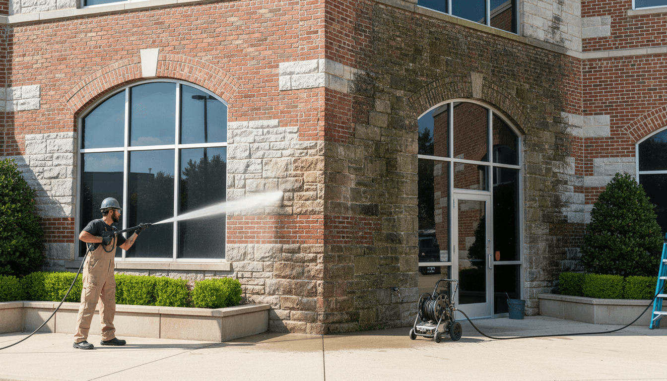 clean commercial building exterior after washing