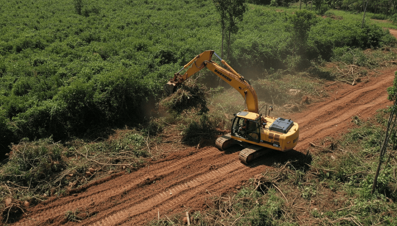 Excavator clearing land at a job site in Torrington Connecticut