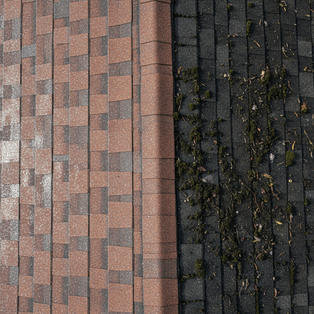 roof before and after cleaning showing moss removal results