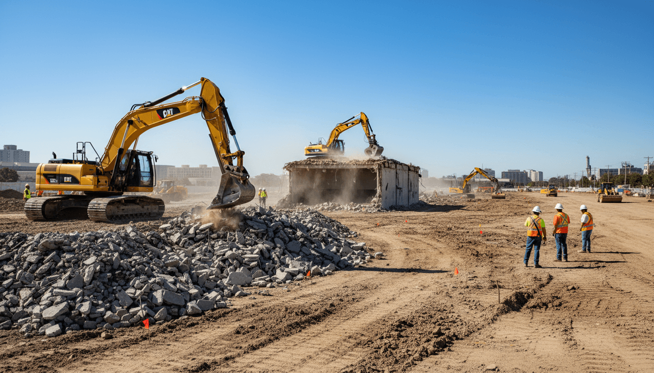 excavator grading land for construction site prep